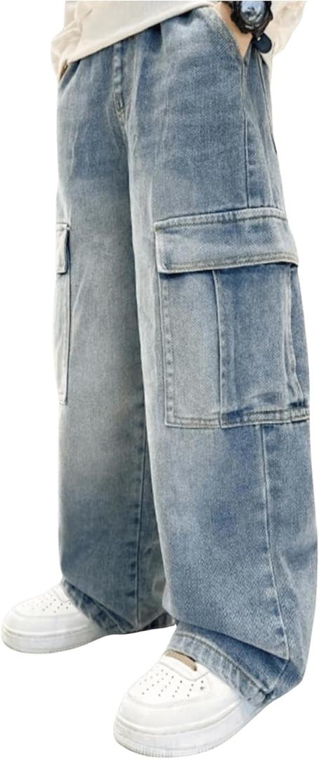 Verdusa Boy's Baggy Straight Leg Denim Pants Loose Vintage Cargo Jeans with Pockets (Blue), 13Y