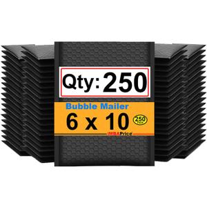 iMBAPrice 6x10 Inch Black Poly Bubble Mailers, 250-Pack  Padded Shipping Envelopes with Self-Seal Adhesive, Waterproof Bubble Bags for Small Jewelry & Electronics