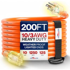 200ft Outdoor/Indoor Extension Cord 10/3 Gauge Ultra Heavy Duty 3 Prong SJTW, Waterproof, Flexible Cold-Resistant Long Power Cord,10A 125V 1250W, Orange by LifeSupplyUSA
