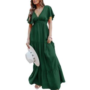 Amegoya Women's Casual Short Sleeve V Neck Floral Maxi Dresses Boho Beach Photoshoot Flowy Ruffle Long Dress (Large, 3-dark Green)