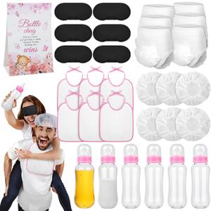 Aneco 6 Set Bottle Chug Baby Shower Games, Plastic Juegos Para Baby Shower Bottle, Gender Reveal Race Gifts Decoration with Bottles Bibs Sign Diapers Caps Blindfolds for Adult Party Supplies, Pink