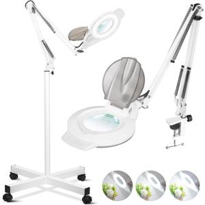 10X Magnifying Glass with Light and Stand, NUEYiO 2200 Lumen Stepless Dimmable Magnifying Floor Lamp, 2-in-1 Adjustable Metal Swing Arm Lighted Magnifier, Mag Lamp for Estheticians Crafts Facial (10x & Four Wheels White)