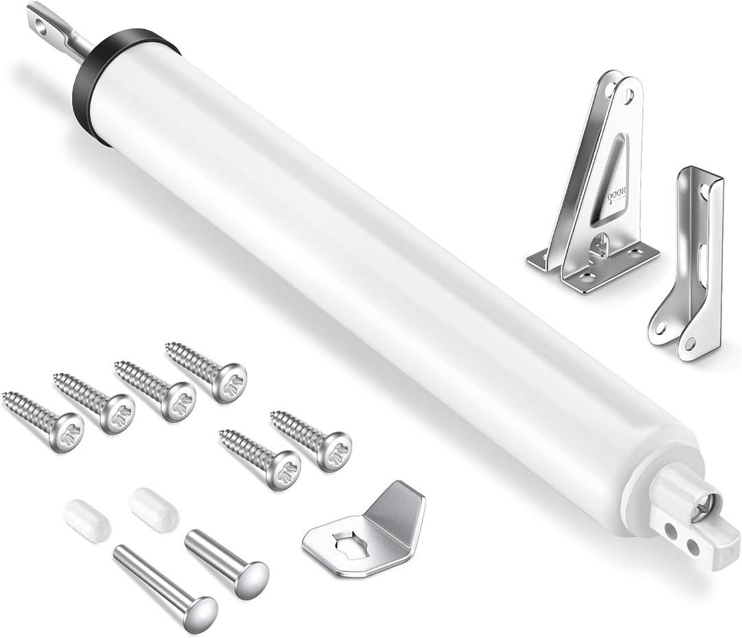 Storm Door Closer, Heavy Duty Pneumatic Screen Door Closer, Adjustable Closing Speed, Safety Closure with Hold Open Feature, Universal Window & Door Bracket Kit (White)