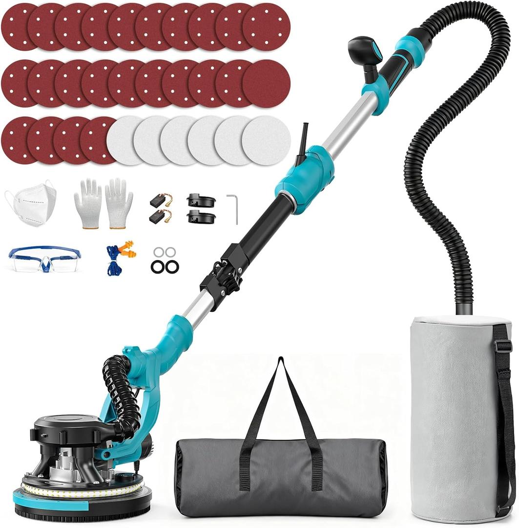 Drywall Sander, 1000W Popcorn Ceiling Removal Tool, Electric Drywall Sander with Vacuum Dust Collection, 30Pcs Sanding Discs, 6 Variable Speed 800-2200RPM, LED Light, Foldable & Extendable Handle
