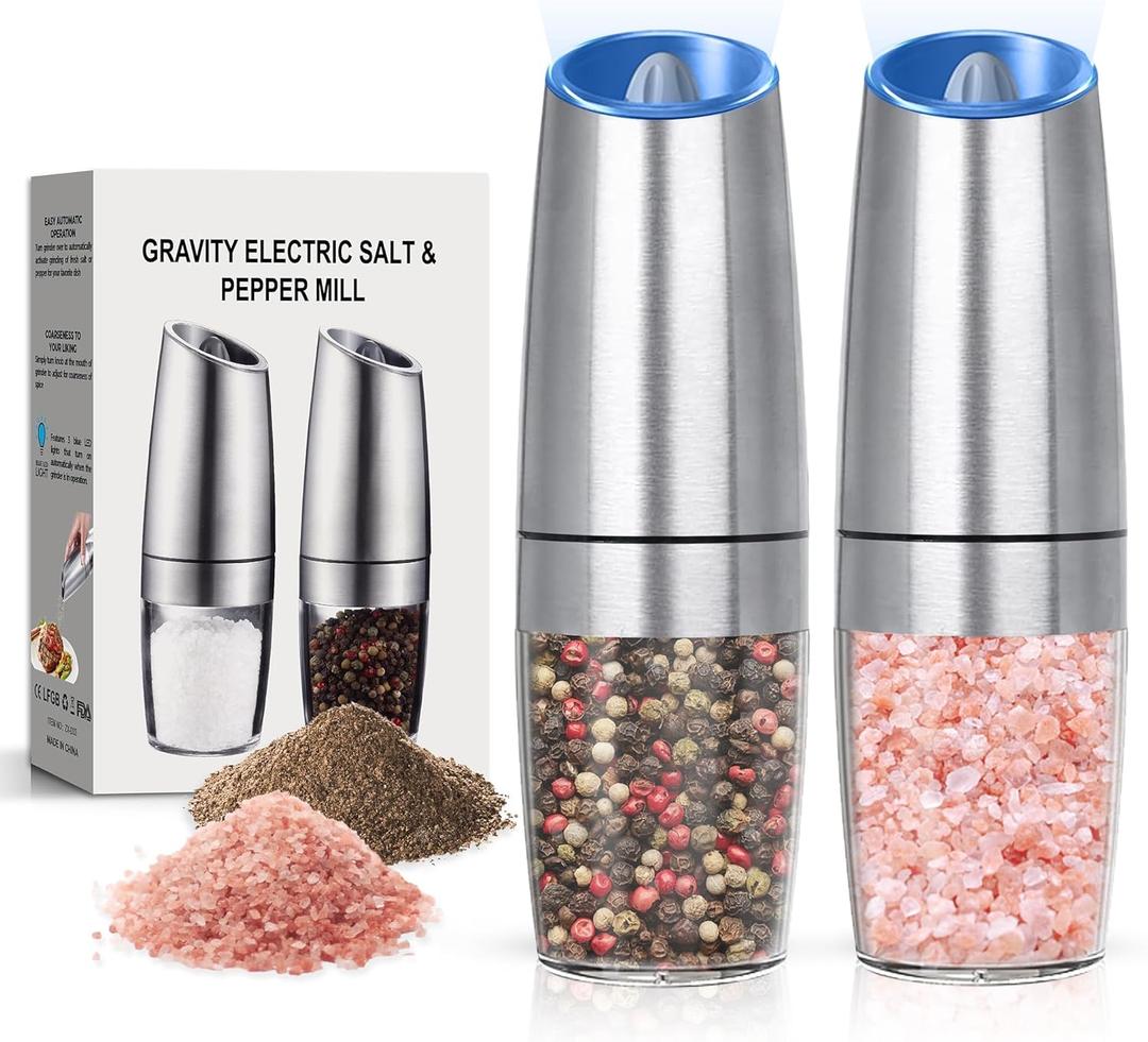 Battery Operated Salt And Pepper Grinder Set with LED Light, Automatic Electric Gravity Salt And Pepper Shakers Set, Each 6 AAA Batteries Needed, Adjustable Roughness, 2 Pack (Silver)