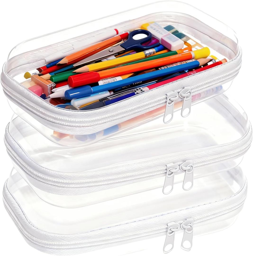 3PCS Clear Hard Plastic Zipper Case, Double Zippers Hard Pouch, Portable Travel Organizer Bin Clear Makeup Bag for Toy Storage, Snack Bag, Cosmetics, Pencil Case, Diaper Bag, Toiletry Bag (3PCS-S)