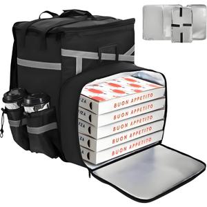 Food Delivery Backpack, Expandable Insulated Pizza Bag with 4 Cup Holders, Large Waterproof Catering Bag with Reflective Strip Support Boards for Delivery Bike, Doordash