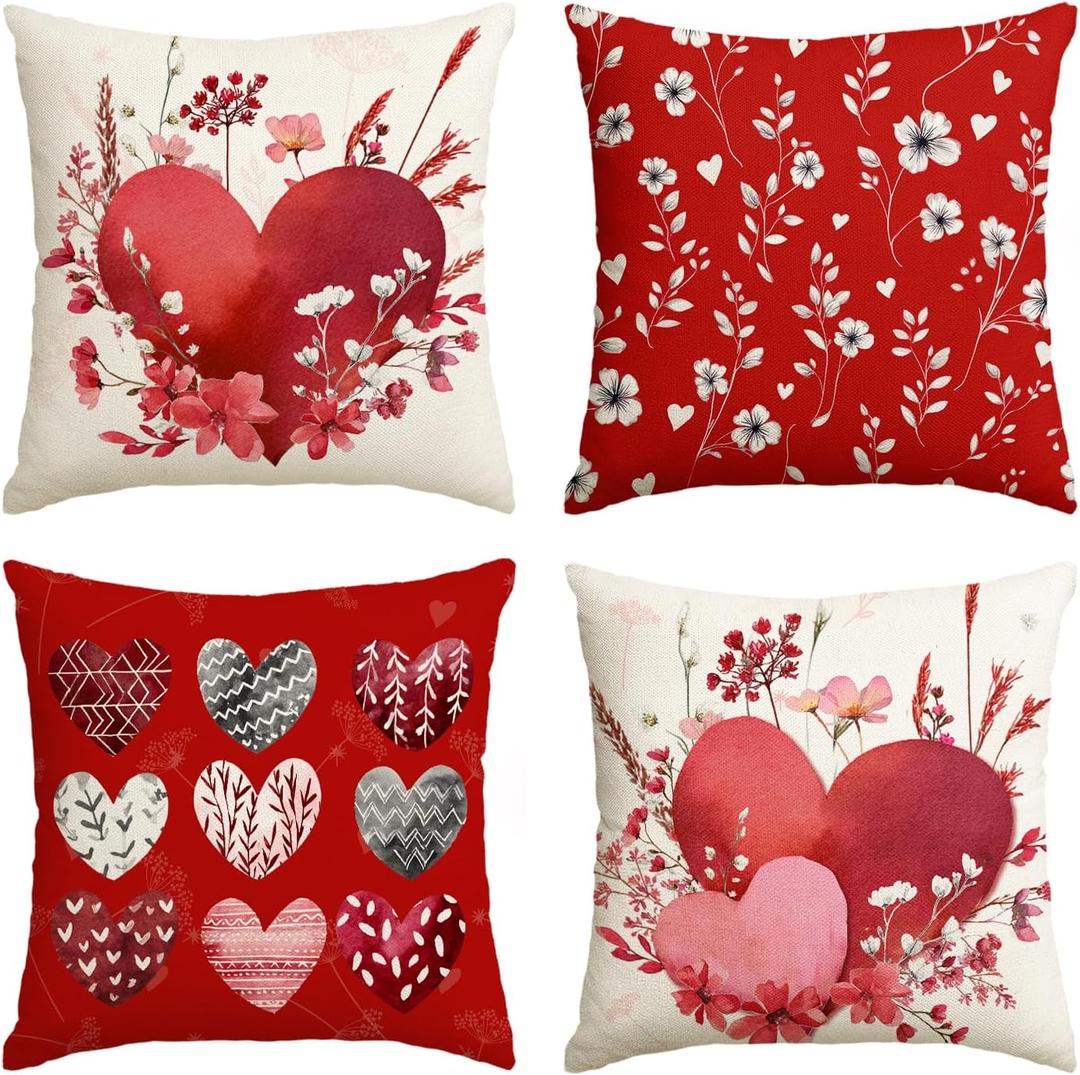 AVOIN colorlife Valentine's Day Love Heart Red Throw Pillow Covers, 18 x 18 Inch Flowers Leaves Anniversary Wedding Cushion Case Decoration for Sofa Couch Set of 4
