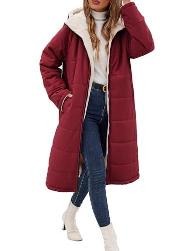 VXVGER Women Winter Coats Fleece Long Coats Jackets Oversized Warm Down Jacket with Hood, Burgundy, M