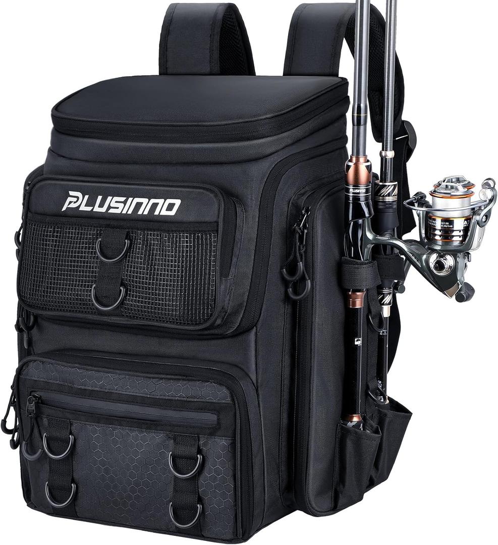 PLUSINNO Fishing Black Backpack with Rod Holders Tackle Box, 42L Large Water-resistant Fishing Tackle Bag Store Fishing Gear