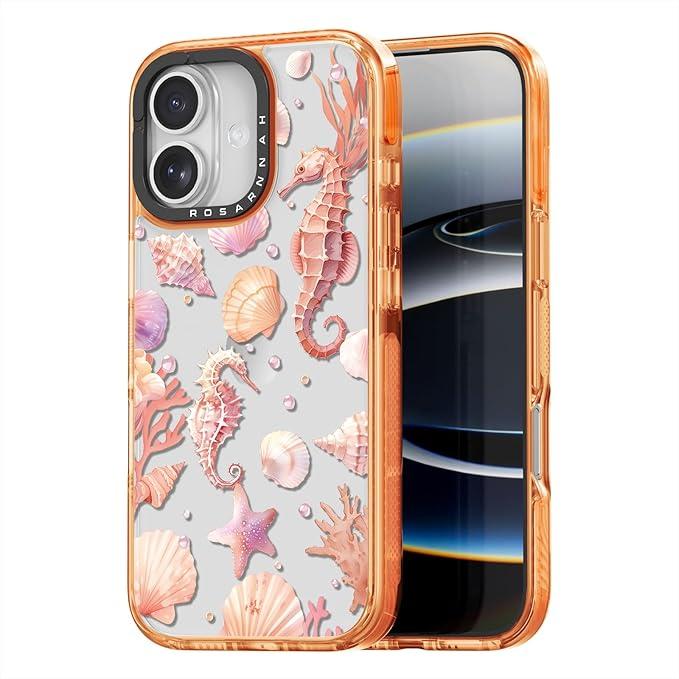 Rosarnnah for iPhone 16 Pro Case Cute - Compatible with Magsafe - Military-Grade 6.6 ft Drop Protection Shockproof Phone Case - Seahorse Seabed Design Cosmic Orange