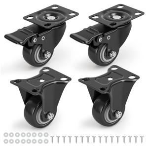 2 Inch Heavy Duty PU Caster Wheels Set of 4, 2 Swivel with Brakes and 2 Fixed, Black Non-Marking Plate Casters for Furniture, Tool Bench, and Garage Equipment