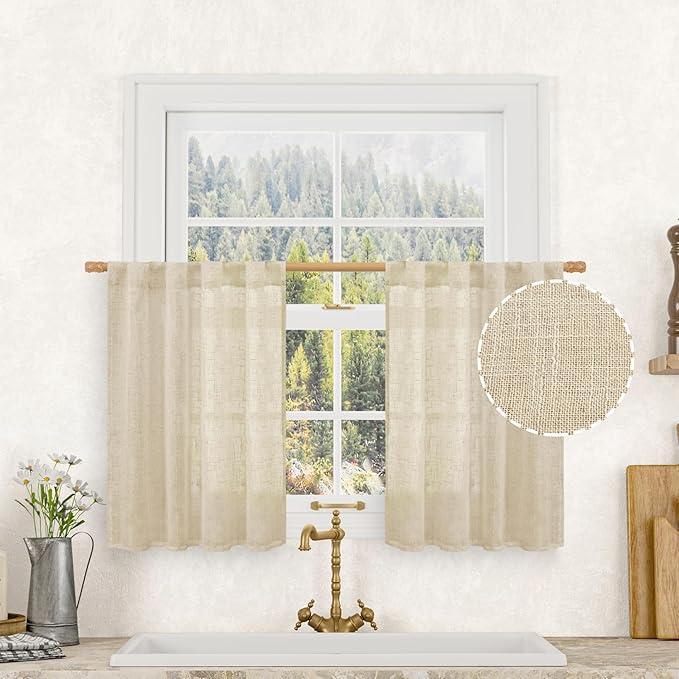 LAMIT Small Cafe Linen Curtains 36 Inches Long, Semi Sheer Light Filtering Panels Back Tab and Rod Pocket Small Cafe Drapes for Basement/Window/Loft Room, Linen, 2 Panels, 34 x 36 Inch