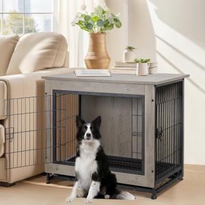 Shintenchi Wooden Dog Crate Furniture for Large Breed, L Double-Door Kennel Indoor with Removable Tray, End Table L Dog Crate for Decoration, 38.6" L, Grey