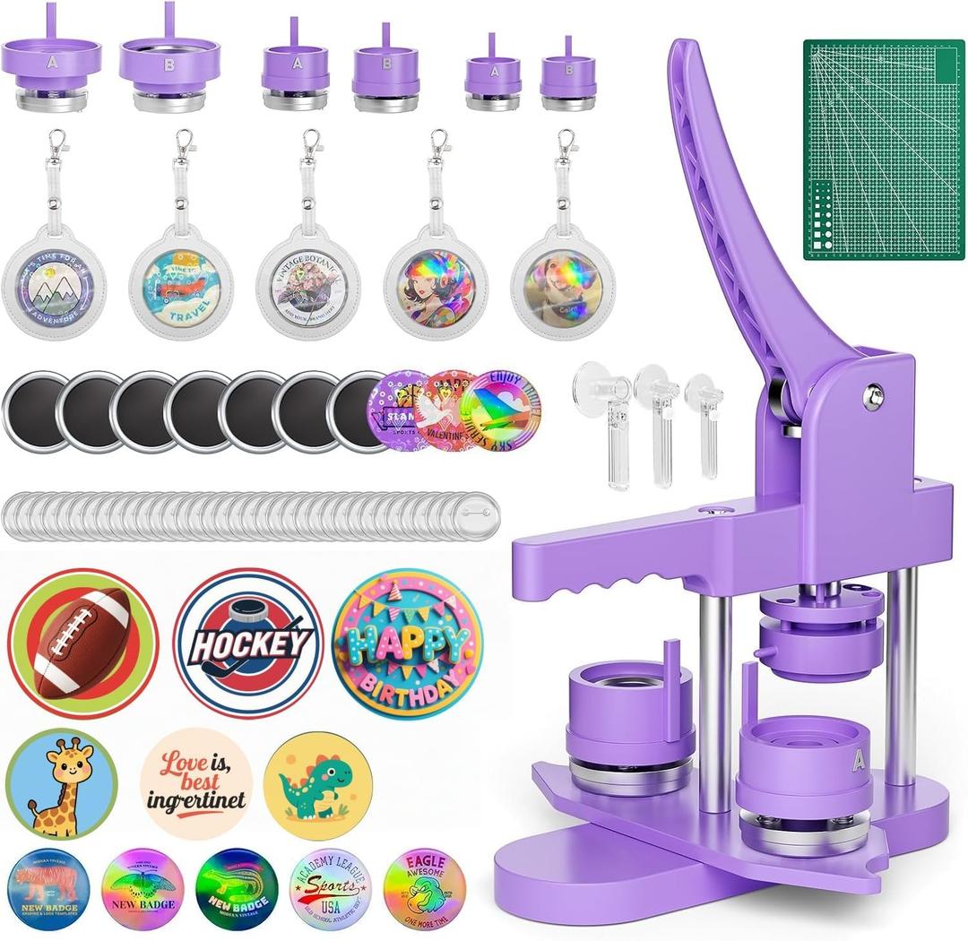 Mryitcal Button Maker Machine 1''+1.25''+2.25'' Pin Maker Button Press Machine w/ 300 Metal Pinback, 10 Fridge Magnet, 5 Badge Charm, 1 Cutting Mat, Badge Making Kit for Custom Badge, Party Favors (Purple)