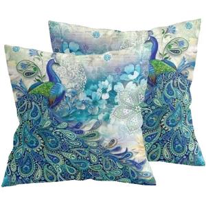 Teal Peacock Throw Pillow Covers Set of 2, Vintage Watercolor Blue Teal Turquoise Peacock Gifts Microfiber Fabric Decoration Pillowcases Home Sofa Couch Bed Decor Square 18x18 Inches Pillow Cases (Single-Sided Printing)