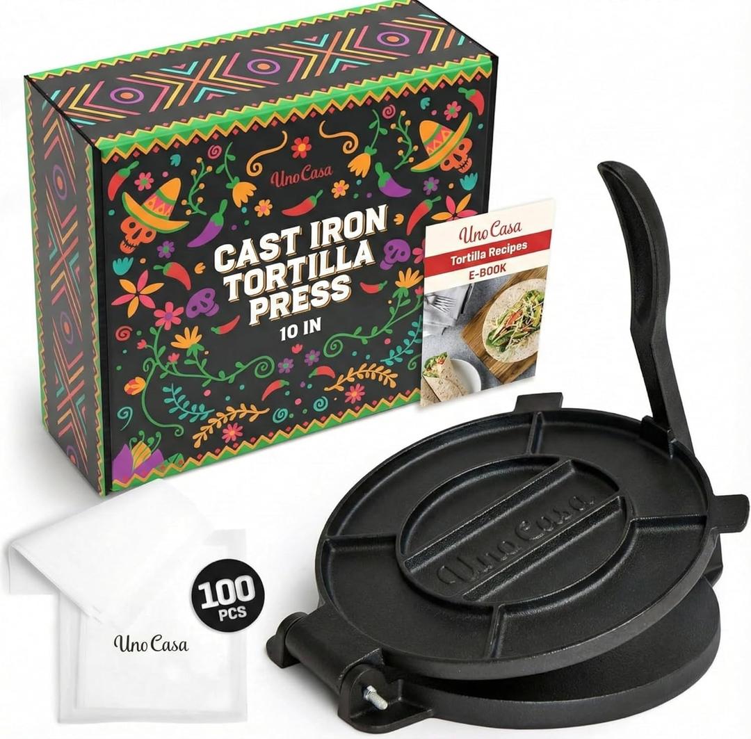 Uno Casa Cast Iron Tortilla Press 10 Inch - Tortilla Maker Press, Pre-Seasoned Roti Maker with 100 Pcs Parchment Paper - Heavy Duty Quesadilla Maker for Homemade Flatbreads, Rotis, Empanadas