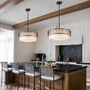 18" Drum Chandelier, 3-Light Modern Farmhouse Chandelier, Large Black and Wood Texture Pendant Light Fixture for Dining Room Kitchen Island Foyer Entryway Bedroom