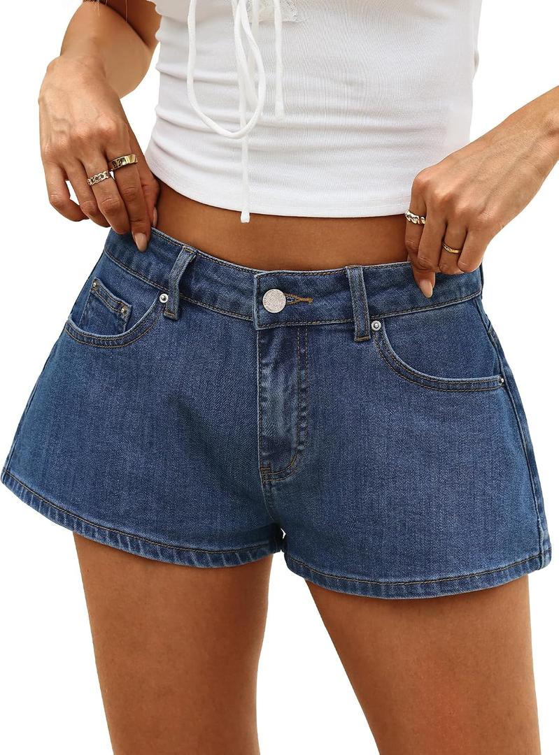 ELLEVEN Baggy Jean Shorts - Low Rise & A-line High Stretchy Mini Denim Shorts with Leather Patch Casual Loose Fit Chic Jorts, Blue Medium