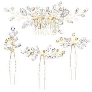 inSowni 4 Pieces Gold Metal Wedding Bridal Rhinestone Hair Side Comb Slide+U-shaped Rhinestone Hair Pins Prom Party Headpieces for Brides Bridesmaids Women Girls