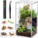 Pre-Assembled Jumping Spider Enclosure, Acrylic Terrarium with Magnetic Door & All-Side Ventilation, Habitat for Spiderling, Mantis, Tarantula, Snail, 3.5"3.5"7" (Tweezer & Temp Sticker Included) (Vertical)