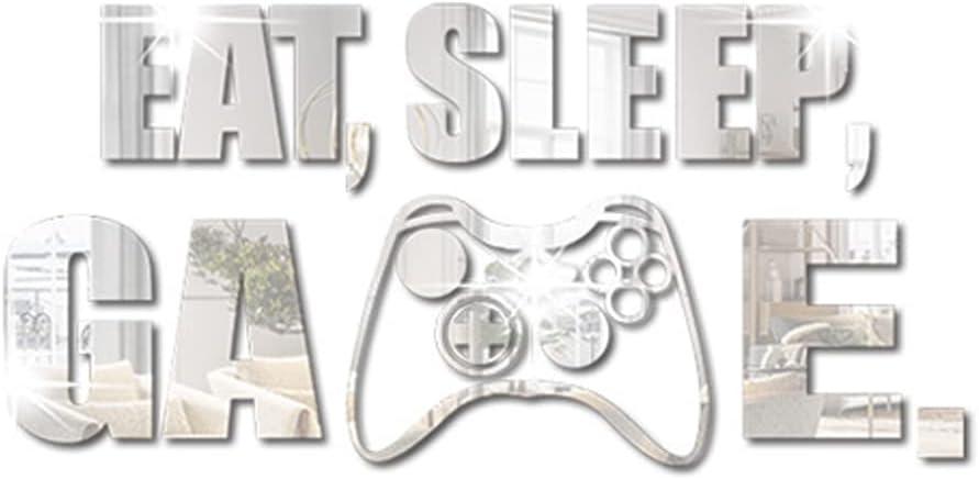 Eat Sleep Game Mirror Wall Decal, Acrylic Gaming Wall Sticker, Gamer Room Decor, Wall Art Quote Sign for Boys Girls Men Bedroom Playroom Studio Video Room (Silver)