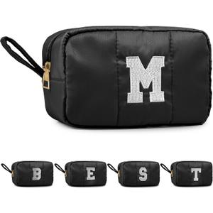 Puffy Makeup Bag for Women, Initial Cosmetic Bag, Cute Travel Toiletry Bag, Puffer Make Up Organizer Bags with Compartments, Personalized Gifts for Girlfriend Bridesmaid Teacher Graduation (Black, M)