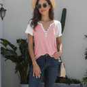 Womens Shirts Summer Henley V Neck Color Block Tshirts Raglan Short Sleeve Casaul Trendy Tops (Pink)