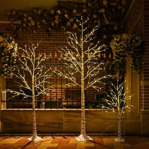 Lighted Birch Tree, 4FT 6FT and 8 FT Birch Christmas Tree, Pack of 3, 9 Modes Timer for Outdoor Christmas Decorations Indoor Party Wedding Decor, Warm & Cool White