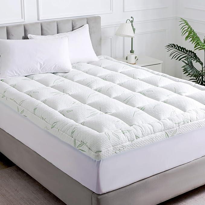 WhatsBedding Queen Mattress Topper, Soft Pillow Top Mattress Topper with Deep Pocket Fits 8–21 Inch,7D Spiral Fiber Filling, Bamboo Viscose Air Layer Mattress Topper Queen.