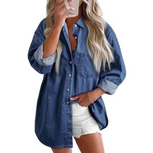 Astylish Women's Western Denim Shacket V Neck Button Down Chambray Shirt Oversized Long Sleeve Blouse Travel Top Navy Blue X-Large