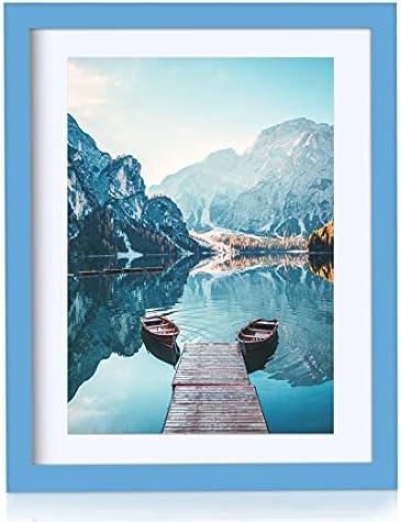 BOJIN 11x14 Picture Frames Blue, Solid Wood Display Picture A4 with Mat or 11x14 Without Mat, Wall Hanging Decoration Photo Frame