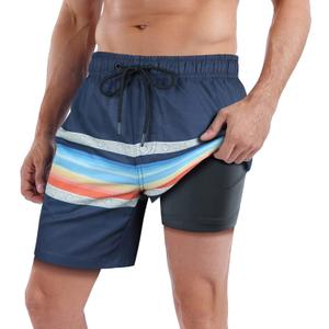 QRANSS Mens Swim Trunks with Compression Lined 7'' Swim Shorts Quick Dry Swimwear Boardshorts with Boxer Brief Liner (Small, Grayantique)