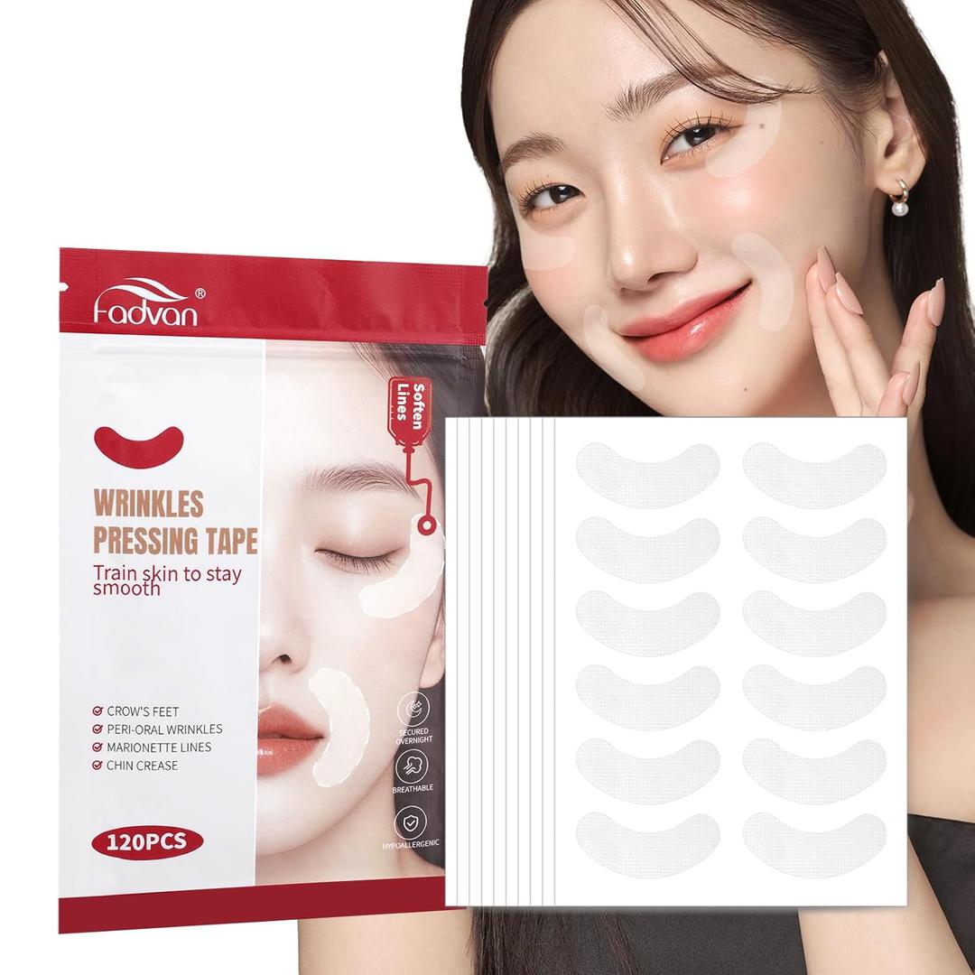 FADVAN Facial Wrinkle Patches  Overnight Smile Line Patches  Anti Wrinkle Patches for Forehead, Eyes & Lips  Face Tape for Wrinkles Overnight (120Pcs, Curve)