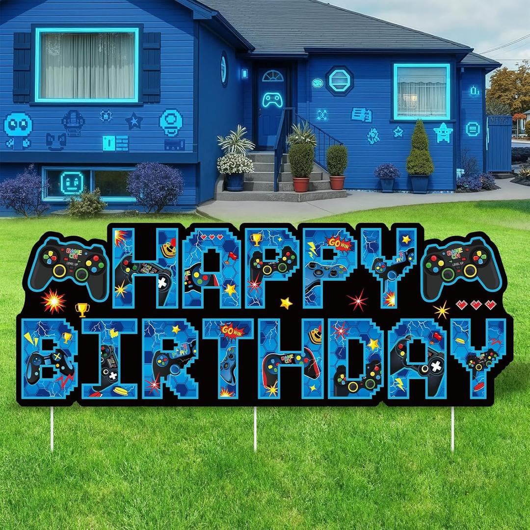 Video Game Birthday Decorations Yard Sign with Stakes Blue Gaming Birthday Party Decor Gaming Theme Happy Birthday Yard Sign Lawn Decor for Kids Player Bday Outdoor Garden Home Party Supplies
