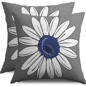 Navy Blue Grey White Daisy Pillow Covers 18X18 Set of 2, Spring Summer Flower Print Decorative Throw Pillow Covers Outdoor Farmhouse Floral Seasonal Cushion Cases Couch Sofa Bed Decor