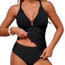 ZAFUL Tankini Swimsuits for Women Smocked Two Piece Tankinis Modest Tummy Control Bathing Suit Cute Striped Push Up Swimsuits with High Waisted Bottom Slimming Full Coverage Swimwear Black S