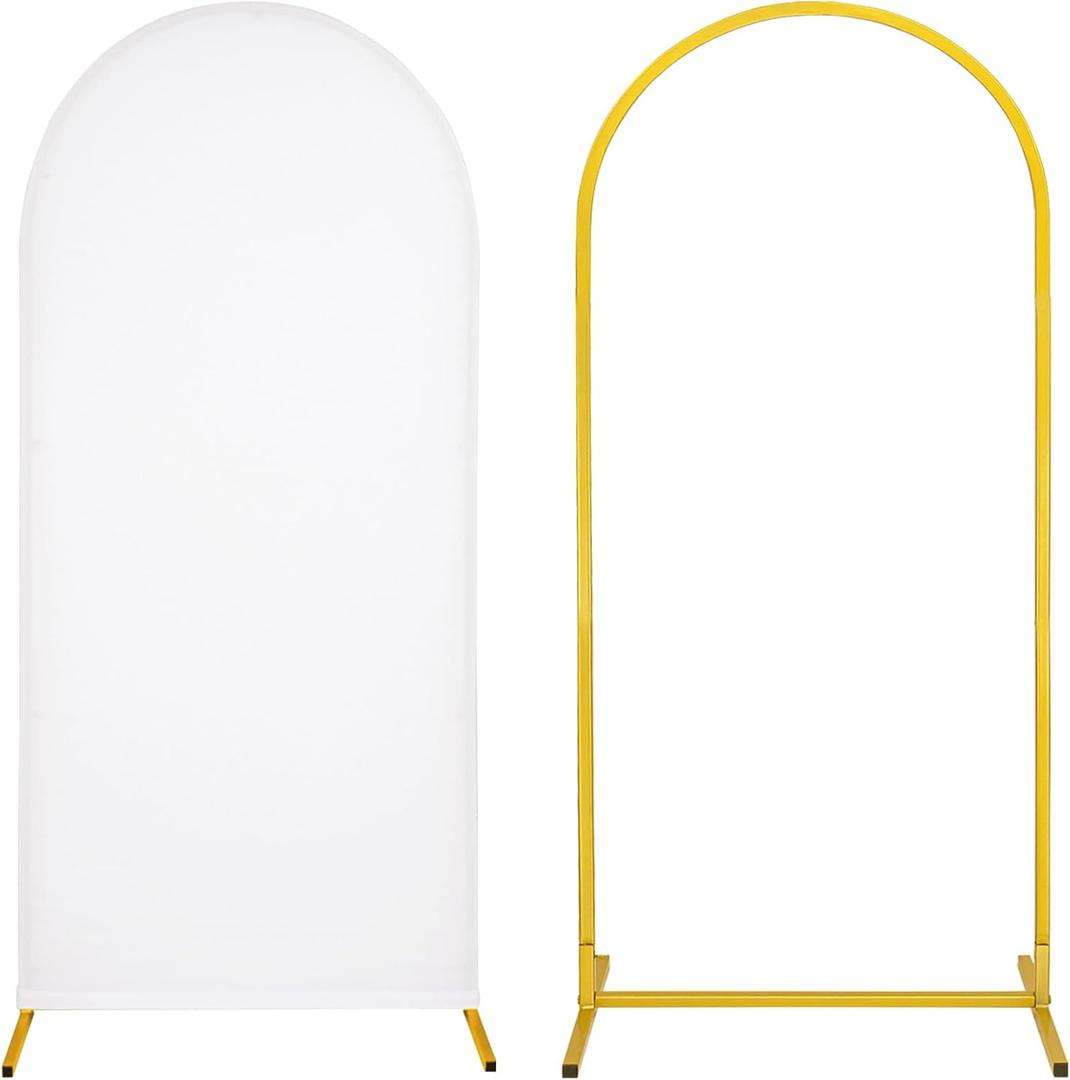Metal Arch Stand and Cover Set,1 White Spandex Fitted Backdrop with 1 Gold Wedding Arched Stand Frame for Parties Birthday Baby Shower Bridal Banquet Decoration (7.2FT)