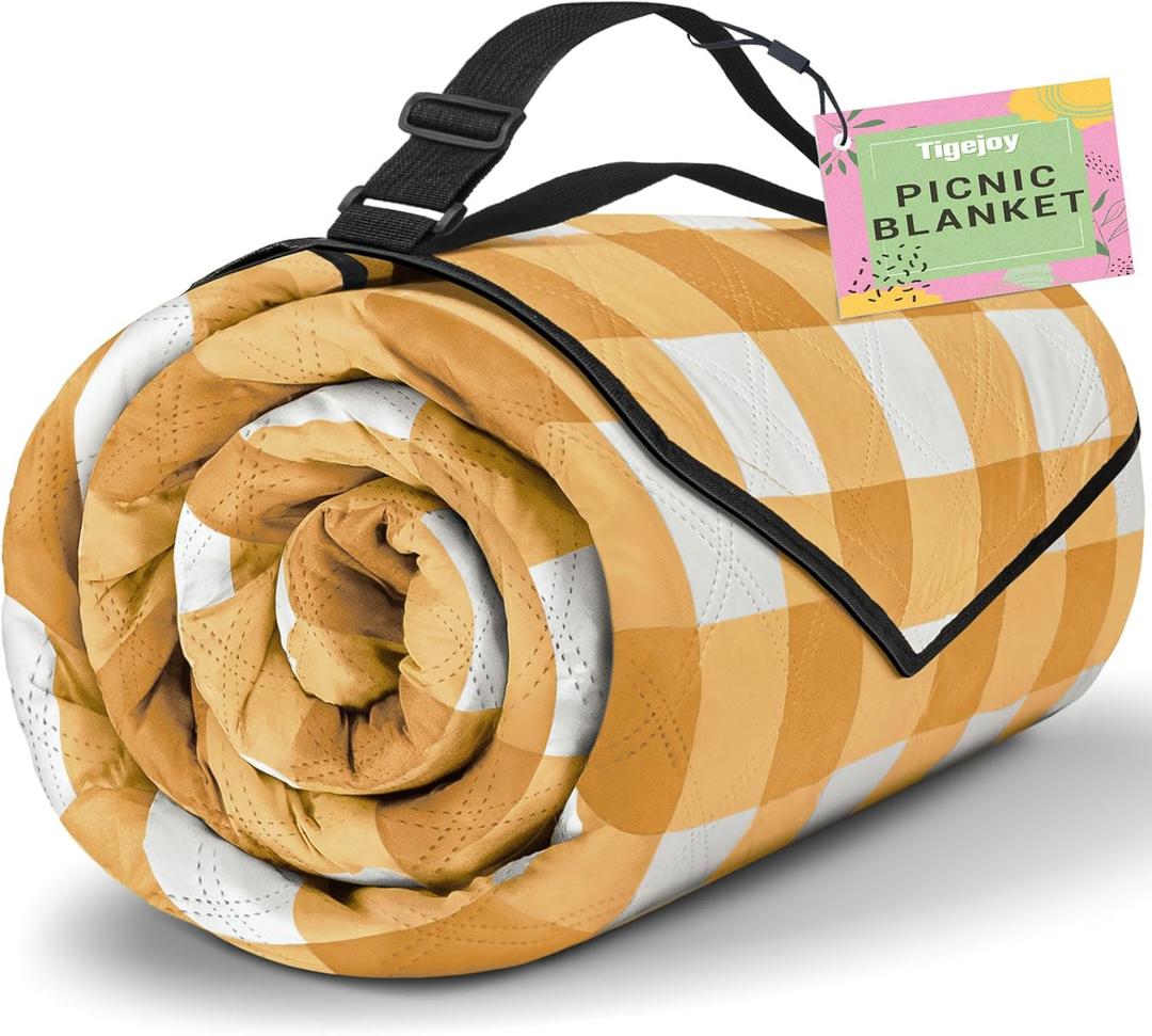 TigeJoy Extra Large Picnic Blanket Waterproof Foldable 80''x80'', Outdoor Picnic Mat Beach Blanket Sandproof for Park, Grass, Travel, Hiking, Camping Essentials, Gingham Picnic Blanket (Yellow)