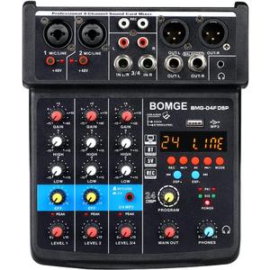 BOMGE 4 Channel mini DJ Audio Sound Mixer Interface with MP3 USB, Bluetooth, Stereo Recording, 48V Phantom Power, 24 DSP for karaoke, performance, church singing  podcas streaming
