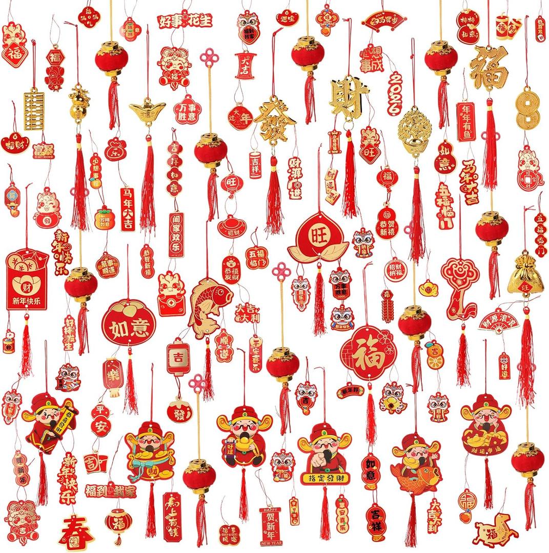 176 Pcs Chinese Lunar New Year Decorations 2026 Chinese Hanging Decoration Spring Festival Lucky Hanging Red Lanterns Gold Tree Ornaments for Asian China Lunar New Year Party of The Horse Decor