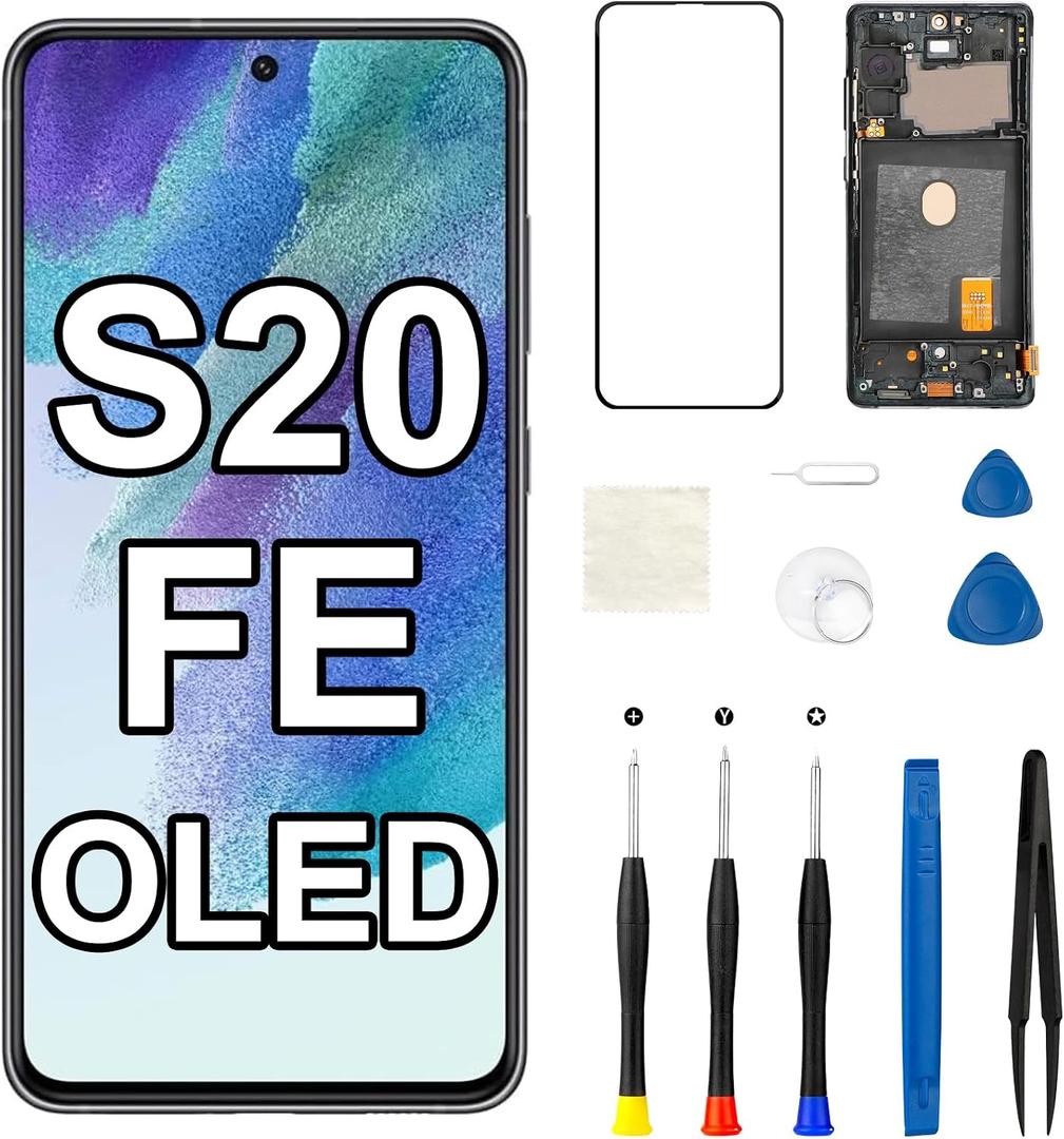 for Samsung S20 FE 5G OLED Screen Replacement with Frame Side Button SM-G781U G781U1 G781V G781B LCD Display Touch Digitizer Full Assembly Repair Tool Kit 6.5 inch