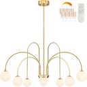 Gold Sputnik Chandelier 8-Light Globe Pendant Light 38.5 Modern Sputnik Light Fixture Dimmable Chandelier with White Globe Glass Mid Century Pendant Light for Bedroom (G9 Bulb & Remote Incl.)