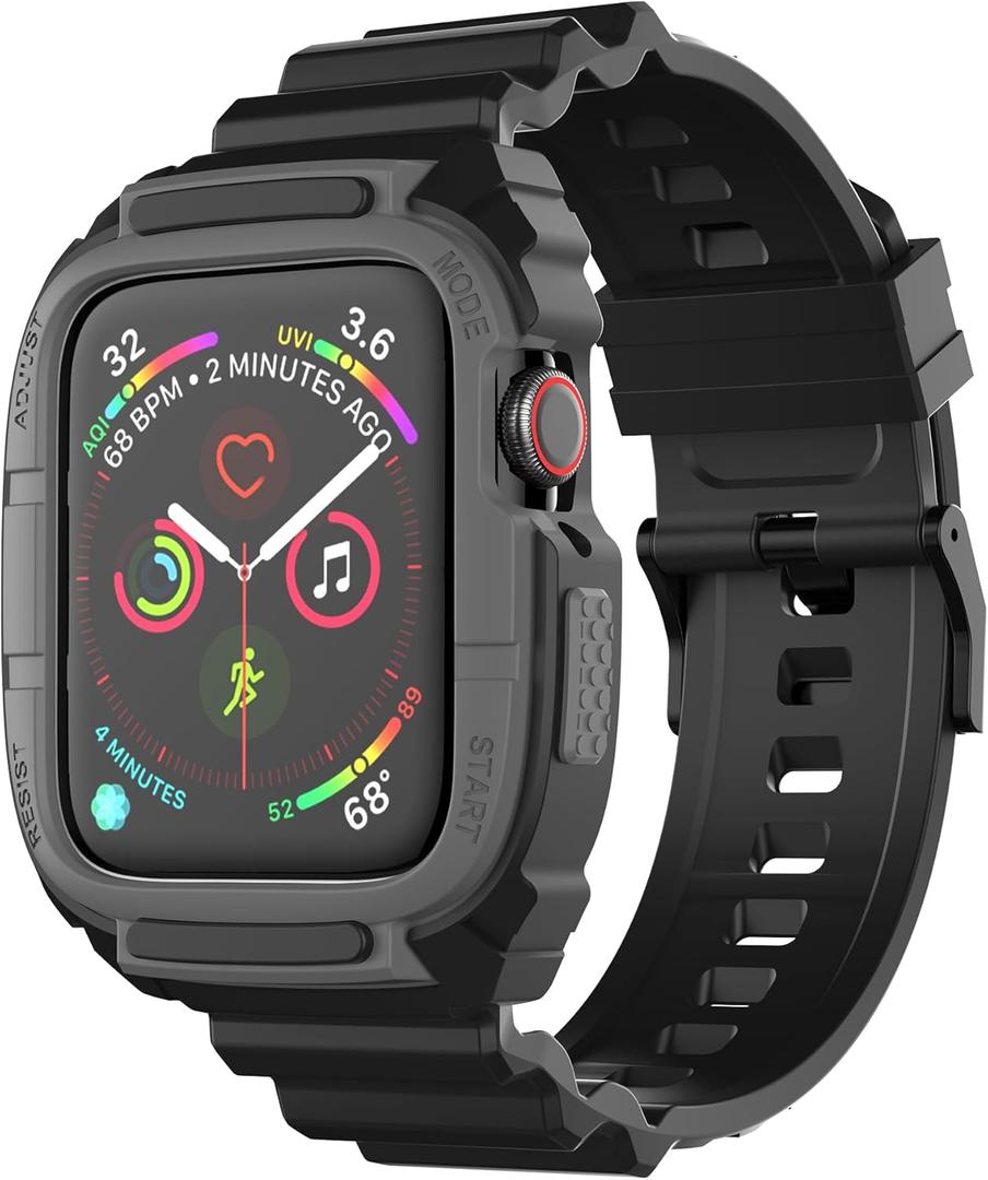 Compatible with Apple Watch 9/8/7/SE (2nd)/SE/6/5/4 42mm/44mm Band for Men, Rugged Full Protection Shockproof Case with TPU Band for iwatch 42/44/45mm Blackgray