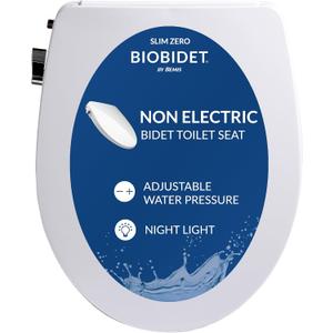 Bio Bidet Slim Zero Non Electric Bidet Toilet Seat Round, Low Profile Seat with Slow Close Lid, Battery Powered Night Light, Dual Nozzles, White