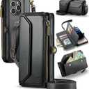 Wallet Case Compatible with iPhone 14 Pro RFID Blocking 7-Card Holder Soft PU Leather Magnetic Snap Shoulder Strap Zipper Pocket Phone Case Fit for iPhone 14 Pro 6.1" - Black