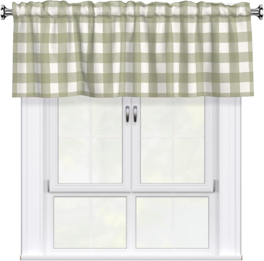 Sage Green Valances for Windows Green Buffalo Plaid Kitchen Curtain French Country Rustic Valance Curtain for Kitchen Living Room with Rod Pocket 54x18 Inch, 1 Panel