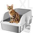 Stainless Steel Cat Litter Box with Lid, XL Extra Large High Sided Litter Box for Big Cats, Odor Free Open Top Litter Pan Easy Cleaning Anti-Urine Leakage Non-Stick, Includes Scoop, Light Grey