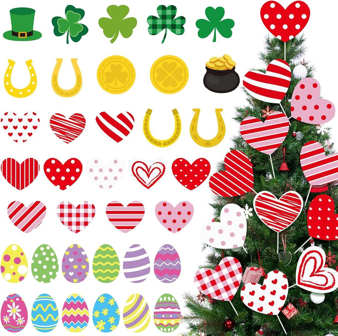 Kathfly 36 Pcs Valentine's Day Tree Decorations Large St Patrick's Day Easter Tree Picks Ornament Heart Colorful Eggs Shamrock Gold Coins Horseshoe Ornaments for Home Spring Party Decor
