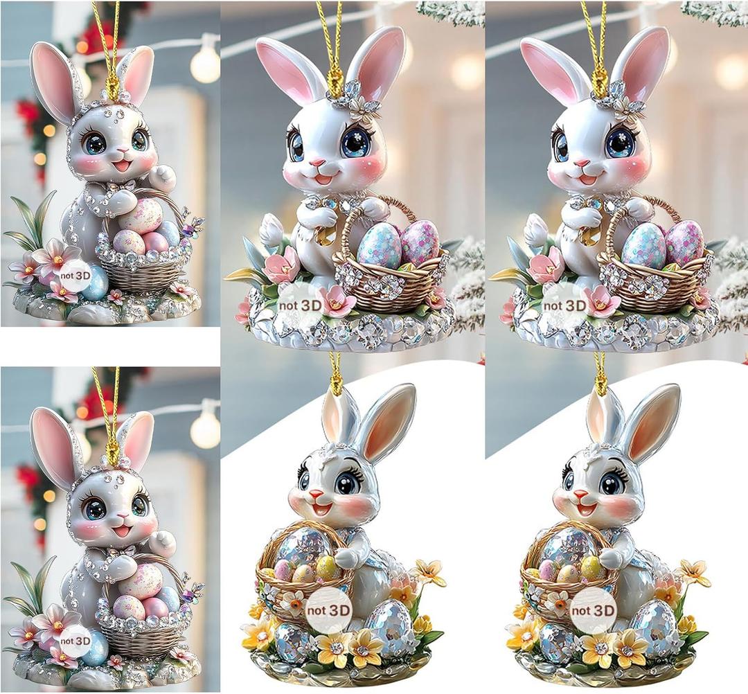 6Pcs Easter Decorations Easter Car Hanging Ornament 2D Flat Acrylic Hangable Rearview Mirror Pendant Cute Cartoon Rabbit Easter Eggs Ornaments Car Pendant Spring Easter Decorations Accessories